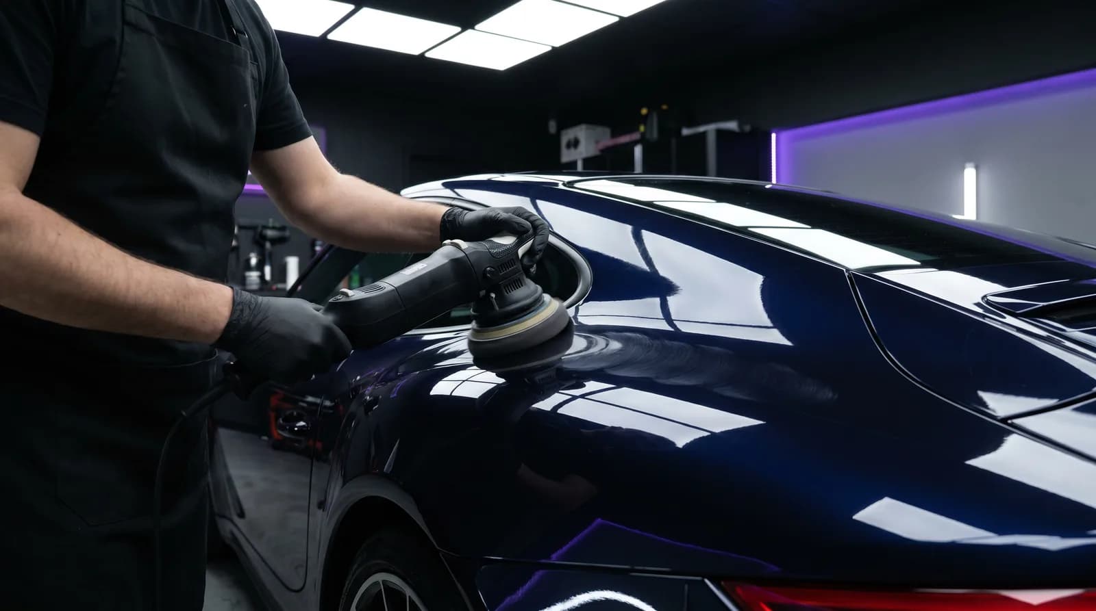 Motorlak wordt met een polijstmachine opgepoetst