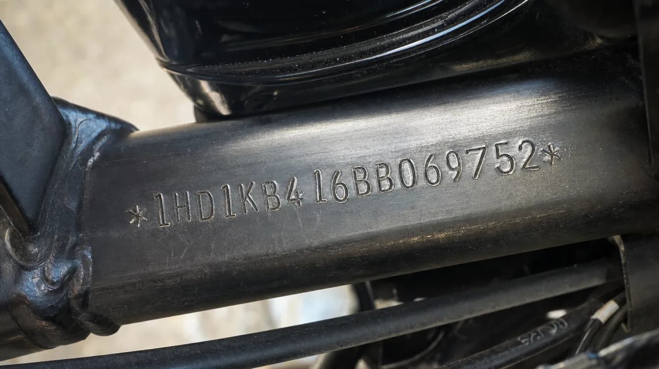Ingeslagen framenummer (VIN) op het frame van een motor