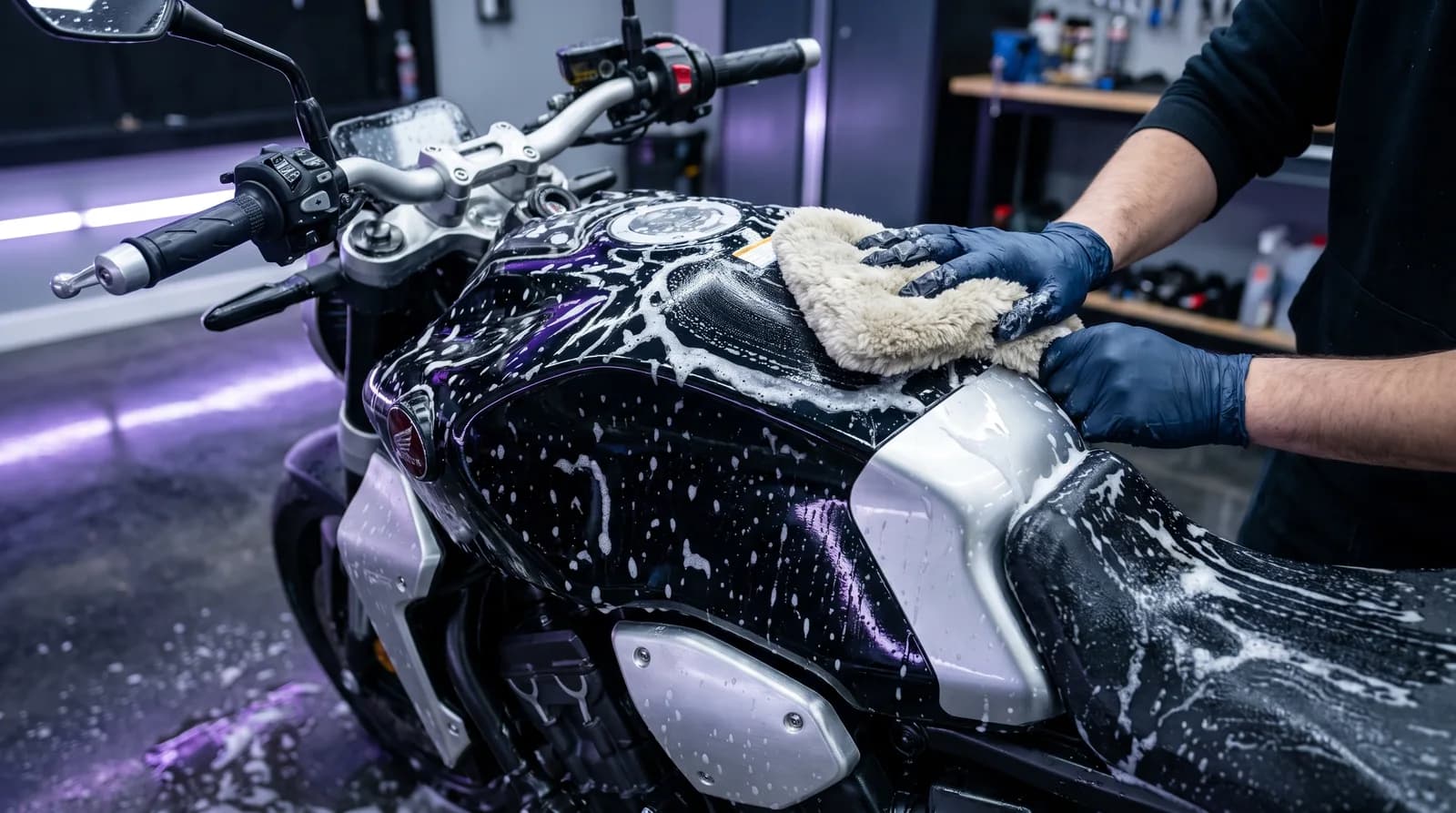 Motorrad wird von Hand mit Schaum gewaschen